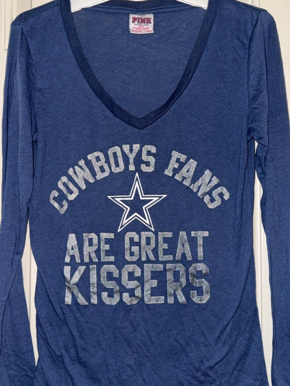 PINK Victoria's Secret Navy V-Neck Long Sleeve Cowboys Graphic Tee